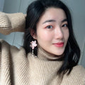 Elegant Pale Pink Flower Petal Alloy Hoop Studs With Pearl Tassel Chains For Women Earrings view 3