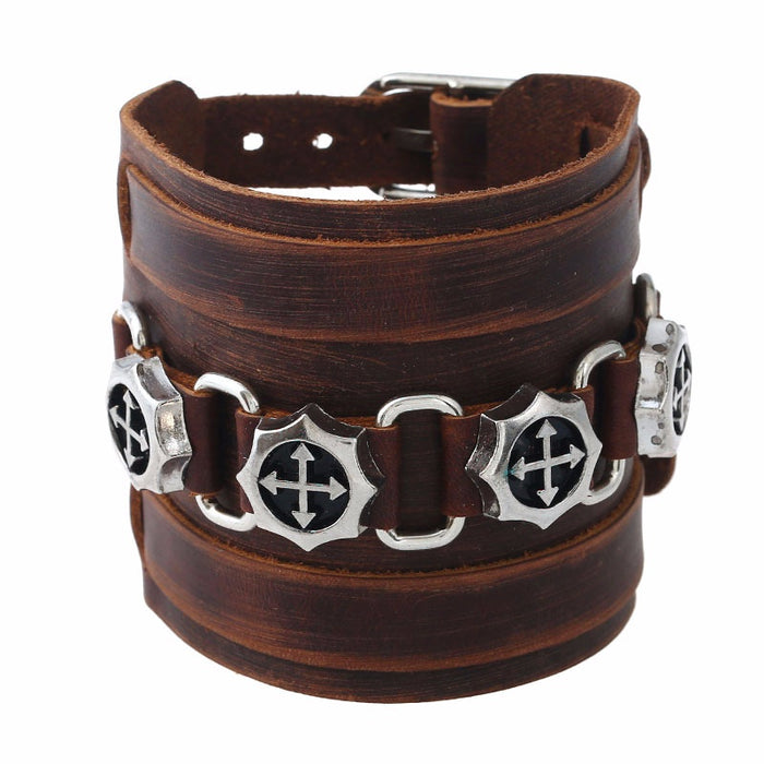 Vintage European American Punk Wide Leather Bracelet Bold Motorcycle Riding Men's Wristband