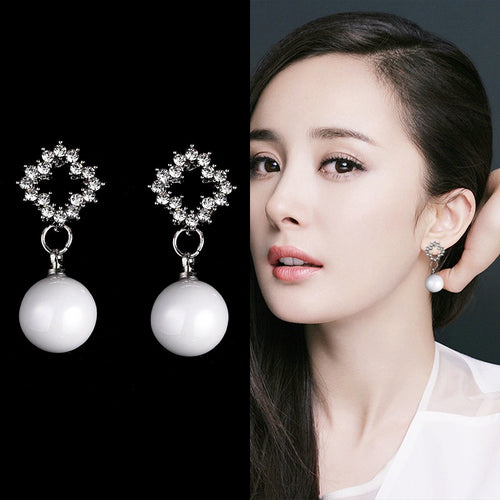 Elegant Korean Style Micro Paved Zircon Geometric Square Frame Pearl Ball Drop Stud Earrings