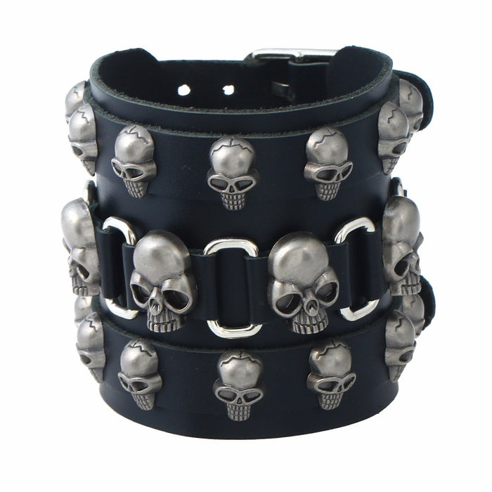 Wide Genuine Cowhide Leather Punk Skull Bracelet For Men With Bold Statement Style