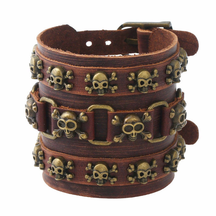 Wide Genuine Cowhide Leather Punk Skull Bracelet For Men With Bold Statement Style