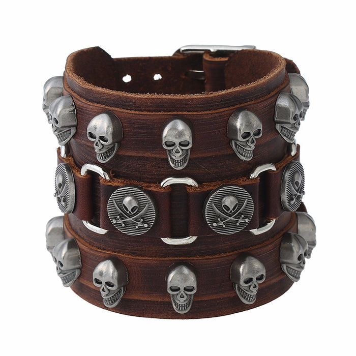 Exaggerated Wide Genuine Cowhide Leather Bracelet With Punk Skull Head For Men
