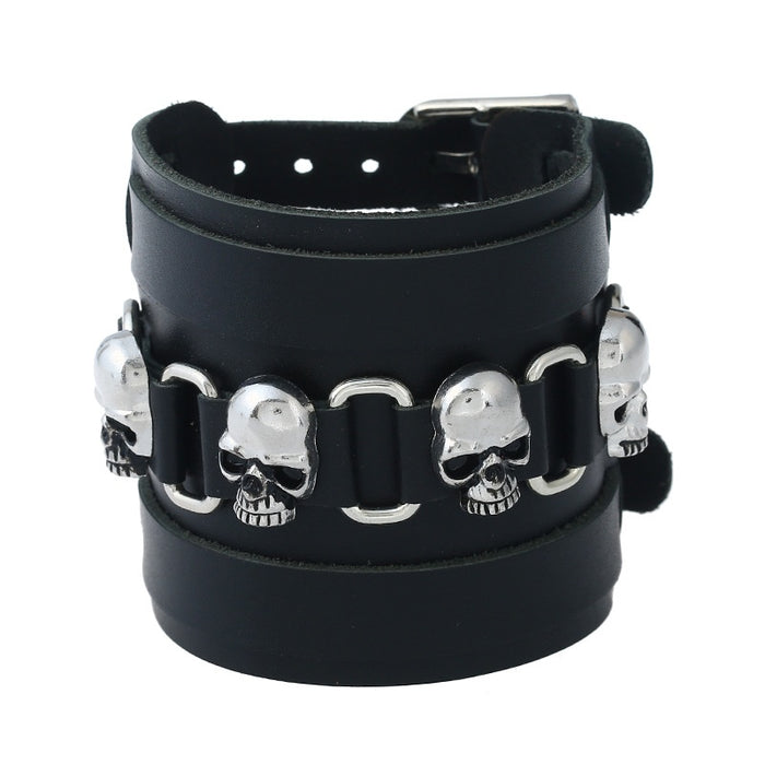 Punk Exaggerated Wide Leather Men's Alloy Cowhide Bracelet Skull Genuine Leather Wristband