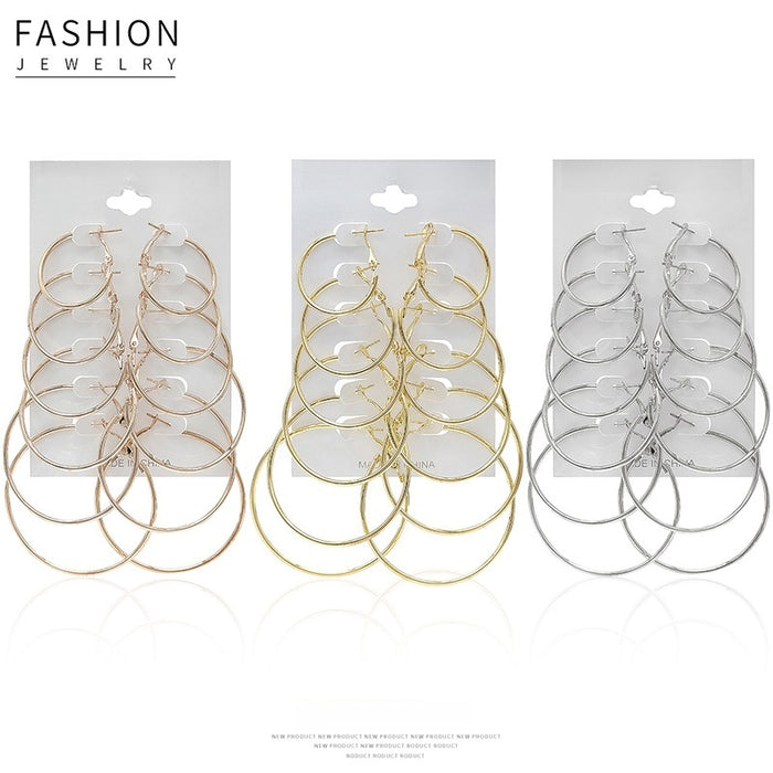 Elegant Minimalist Alloy Multi Size Round Hoop 6 Pair Set For Women Fashion Jewelry Earrings