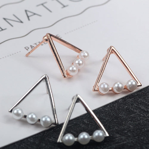 Elegant Korean Geometric Triangle Alloy Studs With Faux Pearl Beads Minimalist Women's Earrings