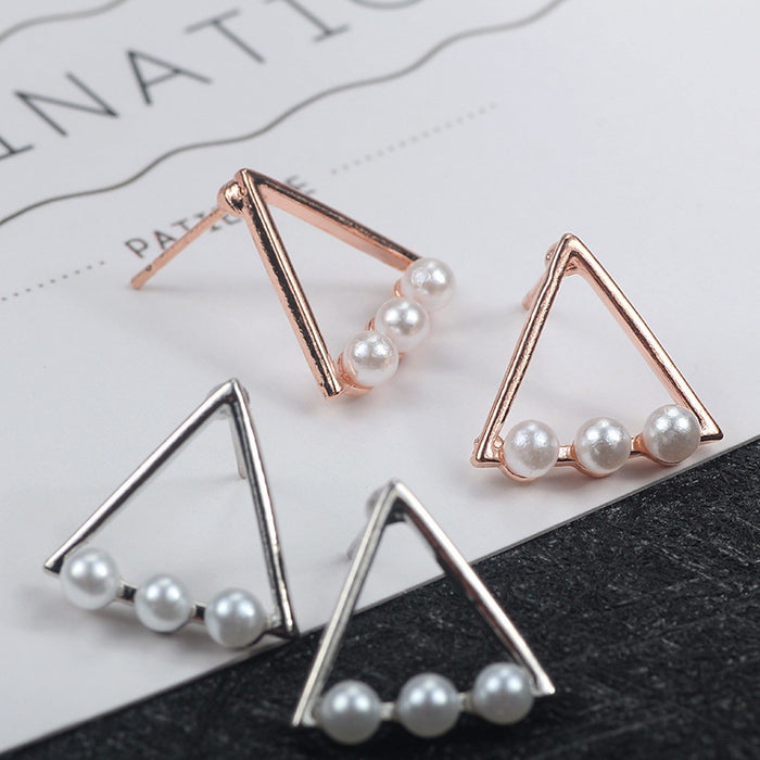 Elegant Korean Geometric Triangle Alloy Studs With Faux Pearl Beads Minimalist Women's Earrings