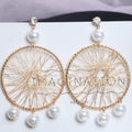 Vintage Woven Gold Alloy Large Hoop Dreamcatcher Mesh Pearl Stud Drop Earrings view 2