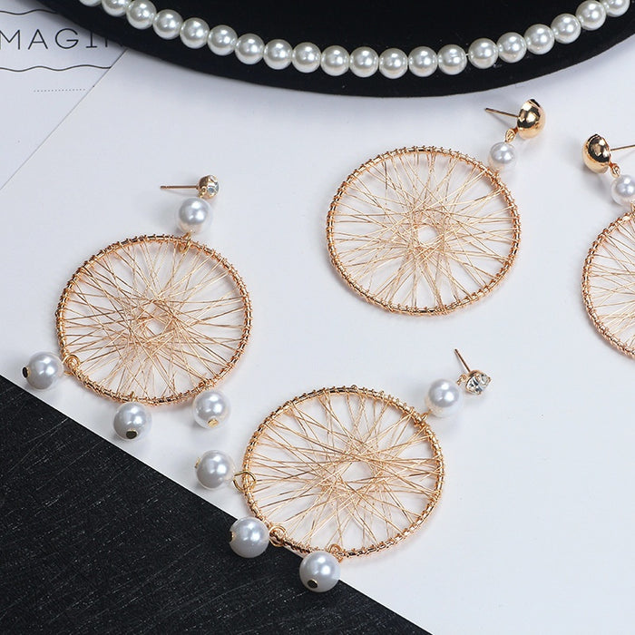 Vintage Woven Gold Alloy Large Hoop Dreamcatcher Mesh Pearl Stud Drop Earrings