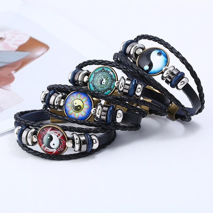 Punk Snap Button Time Gem Bagua Leather Bracelet, Yin Yang Alloy Genuine Leather Bracelet