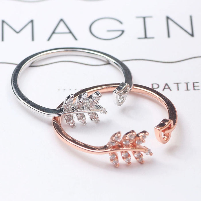 Korean Elegant Leaf Open Ring With Heart Zircon Thin Band Simple Colorfast Women Jewelry