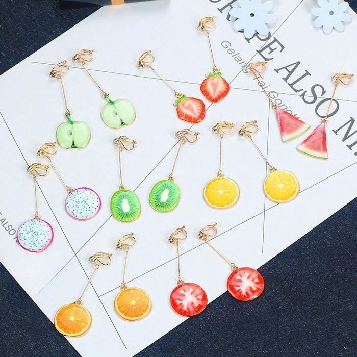 Cute Fruit Shape Alloy Rhinestone Long Dangle Clip On Strawberry Watermelon Lemon Kiwi Earrings