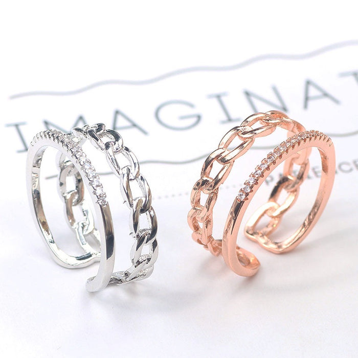 Korean Personalized Rope Ring Color Retention Zircon Faux Double Layer Open Ring For Women