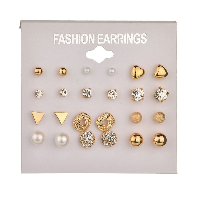 Elegant 12 Pairs Alloy Zircon Pearl Heart Square Triangle Ball Stud Earrings Set Fashion Earrings