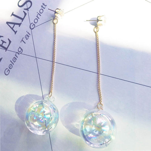 Transparent Glass Water Ball Long Chain Drop Earrings Elegant Minimalist Crystal Stud Earrings