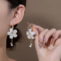 Elegant Korean White Glass Flower Petal Hoop Tassel Alloy Rhinestone Crystal Long Drop Earrings view 1