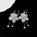 Elegant Korean White Glass Flower Petal Hoop Tassel Alloy Rhinestone Crystal Long Drop Earrings view 2