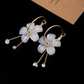 Elegant Korean White Glass Flower Petal Hoop Tassel Alloy Rhinestone Crystal Long Drop Earrings view 4
