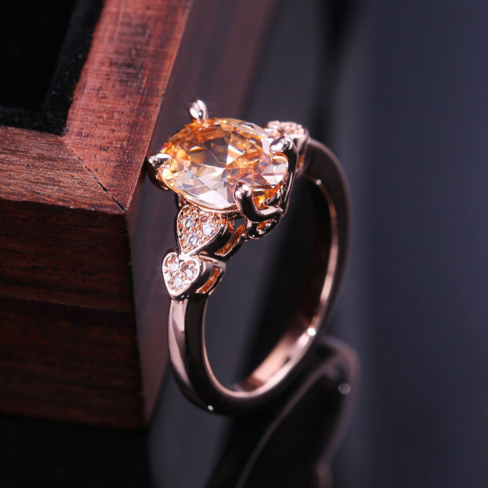 European Oval Simulated Diamond Heart Ring For Women, Copper Rose Gold Plated Zircon Jewelry