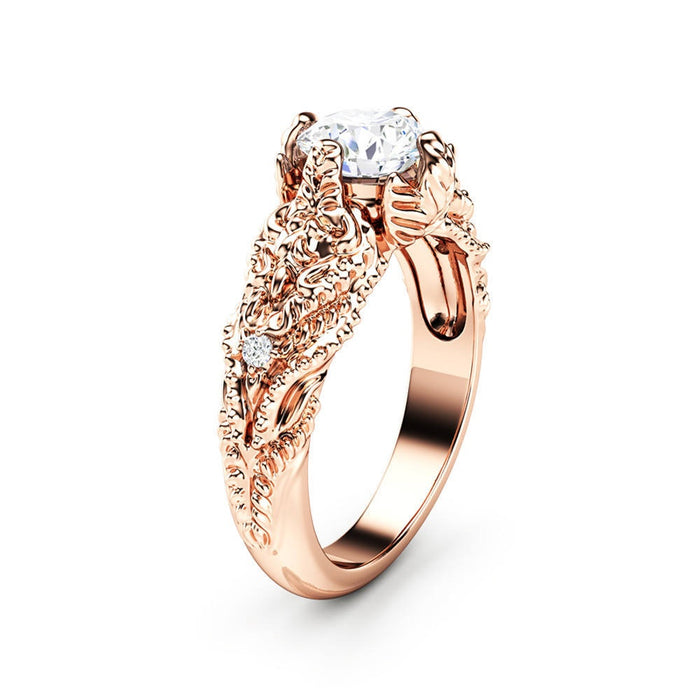 European Floral Vine Simulated Diamond Ring For Women, Luxury Rose Gold Plated Copper Zircon Ring