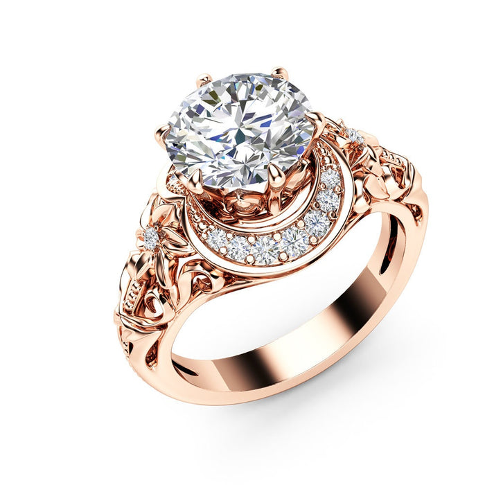 European Hollow Floral Simulated Diamond Ring For Women, Luxury Copper Rose Gold Plated Zircon Jewelry