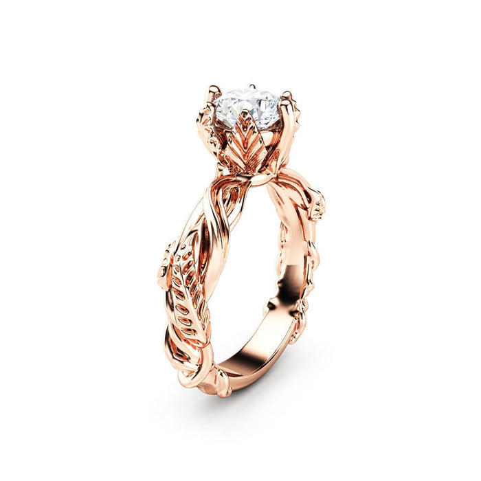 Creative Women's Twisted Plant Ring, Luxury Rose Gold Plated Copper Zircon Jewelry