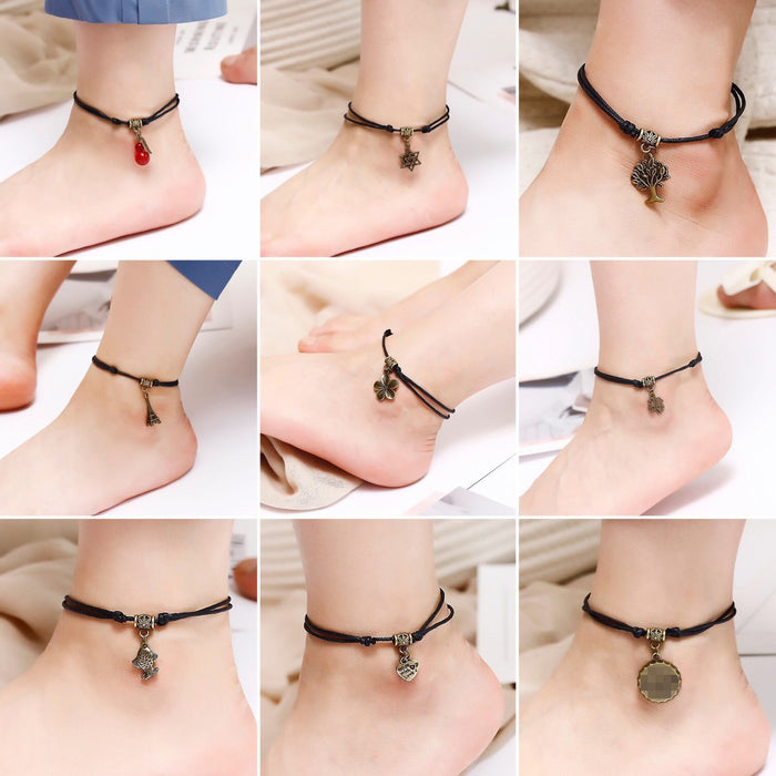 Korean Simple Black Cord Anklet With Flower Eiffel Tower And Ship Wheel Charms For Women Bracelet