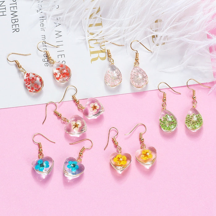 Fresh Dried Flower Glass Ball Teardrop Heart Alloy Hook Earrings For Women Elegant Floral Earrings
