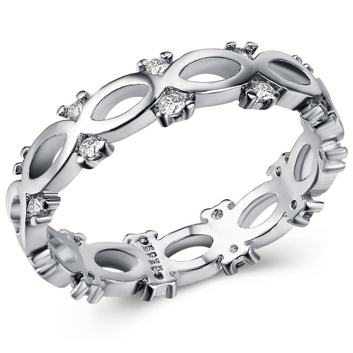 European Style Oval Hollow Zircon Ring, White Silver Plated Copper Women's Jewelry