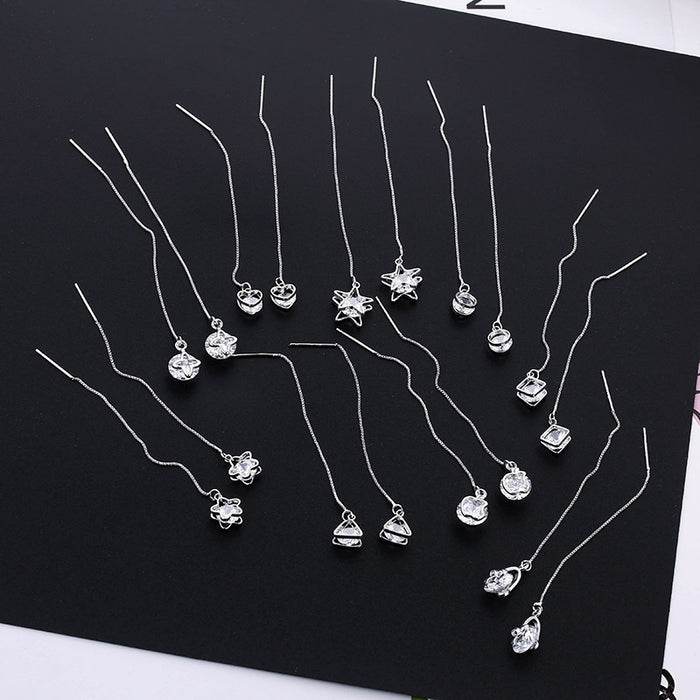 Elegant Korean Style Long Threader Chain With Geometric Star Heart Zircon Drop Pendants Earrings