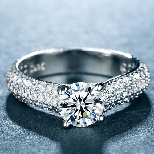 Elegant Luxury Simulated Diamond Ring For Women, Platinum Plated Copper Micro Pave Zircon Jewelry