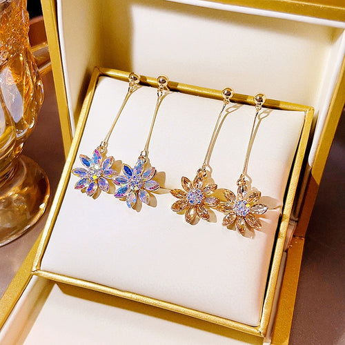 Luxury Iridescent Zircon Flower Long Drop Stud Earrings For Women Sparkling Alloy Floral Dangle Earrings