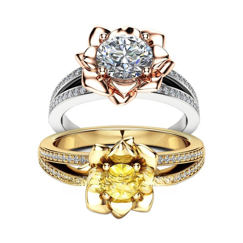 Luxury Rose Flower Simulated Diamond Ring For Women, Silver Gold Plated Copper Zircon Jewelry