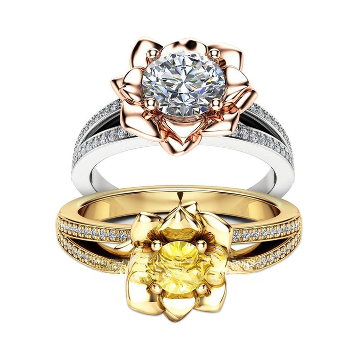 Luxury Rose Flower Simulated Diamond Ring For Women, Silver Gold Plated Copper Zircon Jewelry