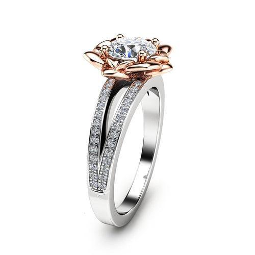 Luxury Rose Flower Simulated Diamond Ring For Women, Silver Gold Plated Copper Zircon Jewelry