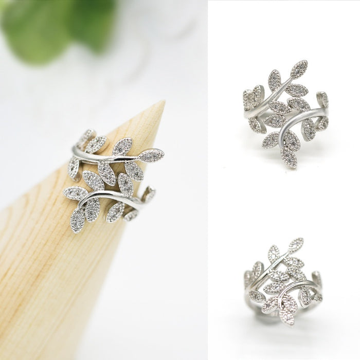 European Style Olive Branch Ring, Creative Womens Leaf Zircon Copper Silver Plated Jewelry