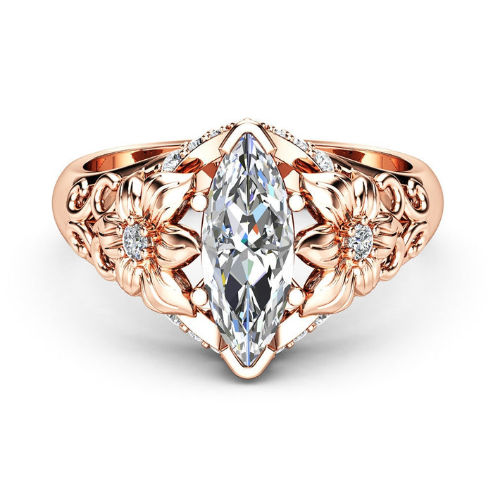 Luxury Floral Ring With Marquise Zircon, Rose Gold Plated Womens Party Prom Jewelry