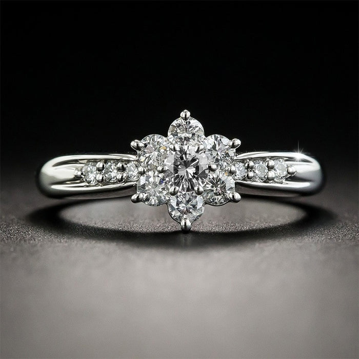 European Style Fashion Flower Simulated Diamond Womens Ring, Copper Silver Plated Zircon Engagement Jewelry