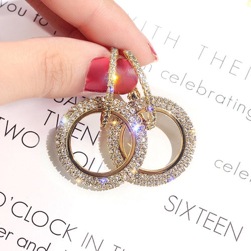 Rhinestone Geometric Round Hoop Earrings For Women, Silver Needle Light Luxury Minimalist Style