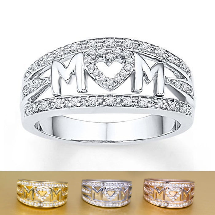 Exquisite MOM Heart Shaped Zircon Ring Copper Gold Silver Rose Gold Plated Women Jewelry