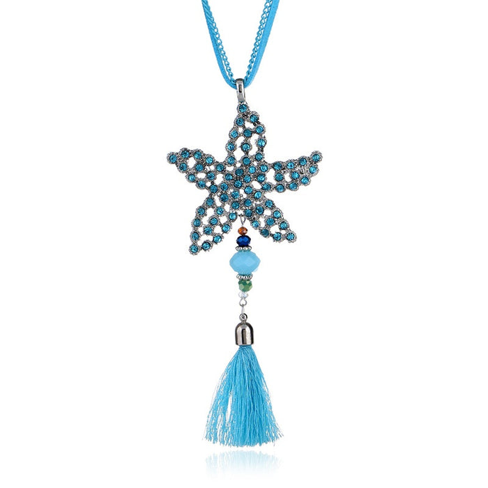 Korean Fashion Starfish Rhinestone Tassel Sweater Chain Long Necklace For Women Jewelry