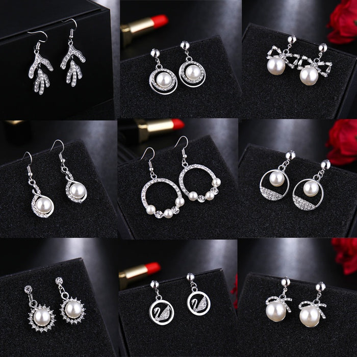 Elegant Korean Style Pearl Studs With Geometric Rhinestone Zircon Alloy Circle Dangle Earrings