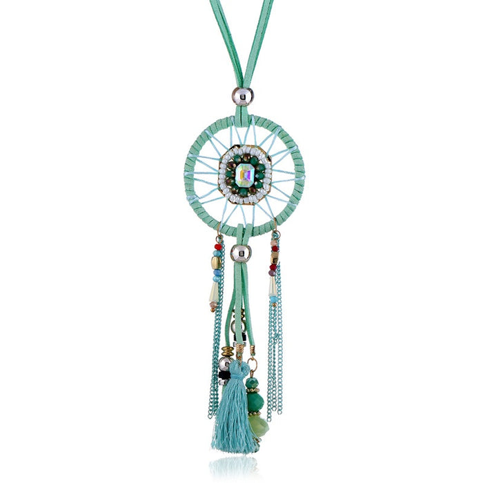 Bohemian Gemstone Long Womens Dreamcatcher Water Drop Tassel Seed Bead Necklace Accessory