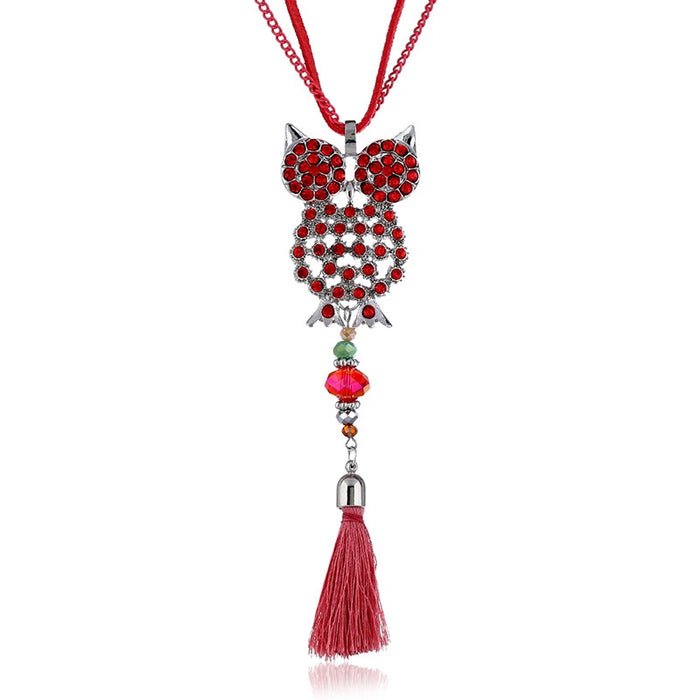 Fashion Alloy Rhinestone Owl Tassel Sweater Chain Long Necklace For Women Clothing Accessories