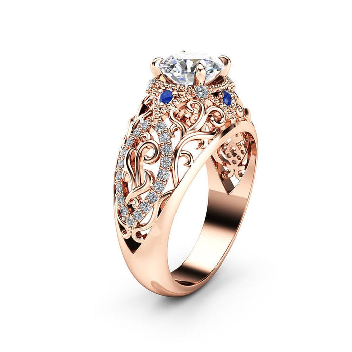 Luxury Rose Gold Womens Hollow Flower Ring With Zircon And Blue Gemstone Jewelry