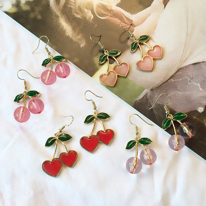 Korean Sweet Enamel Cherry Heart Drop Earrings For Women, Elegant Alloy Fruit Dangle Earrings