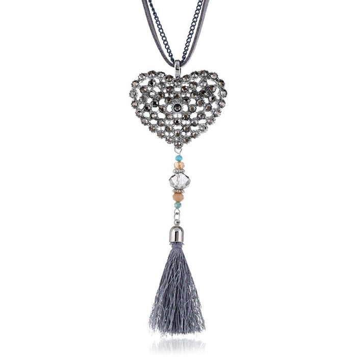 Fashion Alloy Heart Rhinestone Tassel Necklace For Women Long Sweater Chain Apparel Accessory