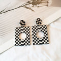 Vintage Black White Checkerboard Acrylic Geometric Square Circle Long Drop Stud Earrings view 4