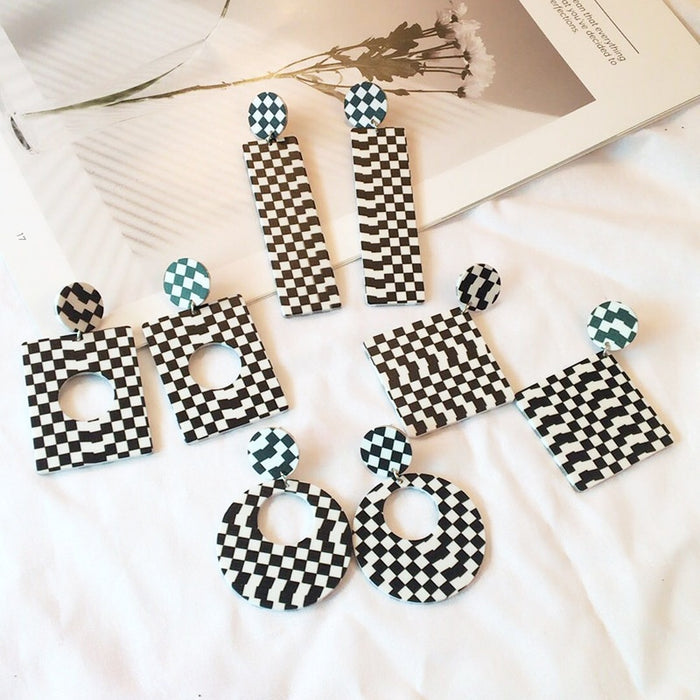 Vintage Black White Checkerboard Acrylic Geometric Square Circle Long Drop Stud Earrings
