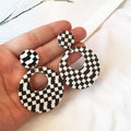 Vintage Black White Checkerboard Acrylic Geometric Square Circle Long Drop Stud Earrings view 2
