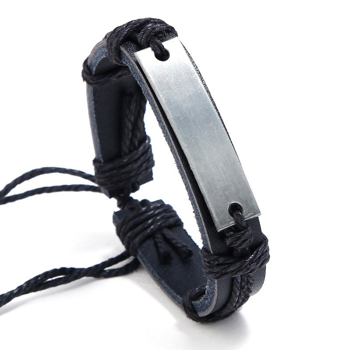 Punk Vintage Plain Alloy Men's Street Style Cowhide Leather Braided Multilayer Bracelet Bangle